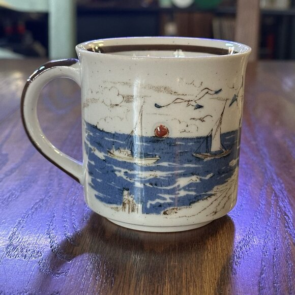 Vintage Coffee Mug Speckled Otagiri Japan Fishing Boats Seagulls Beach Sun - Picture 4 of 10